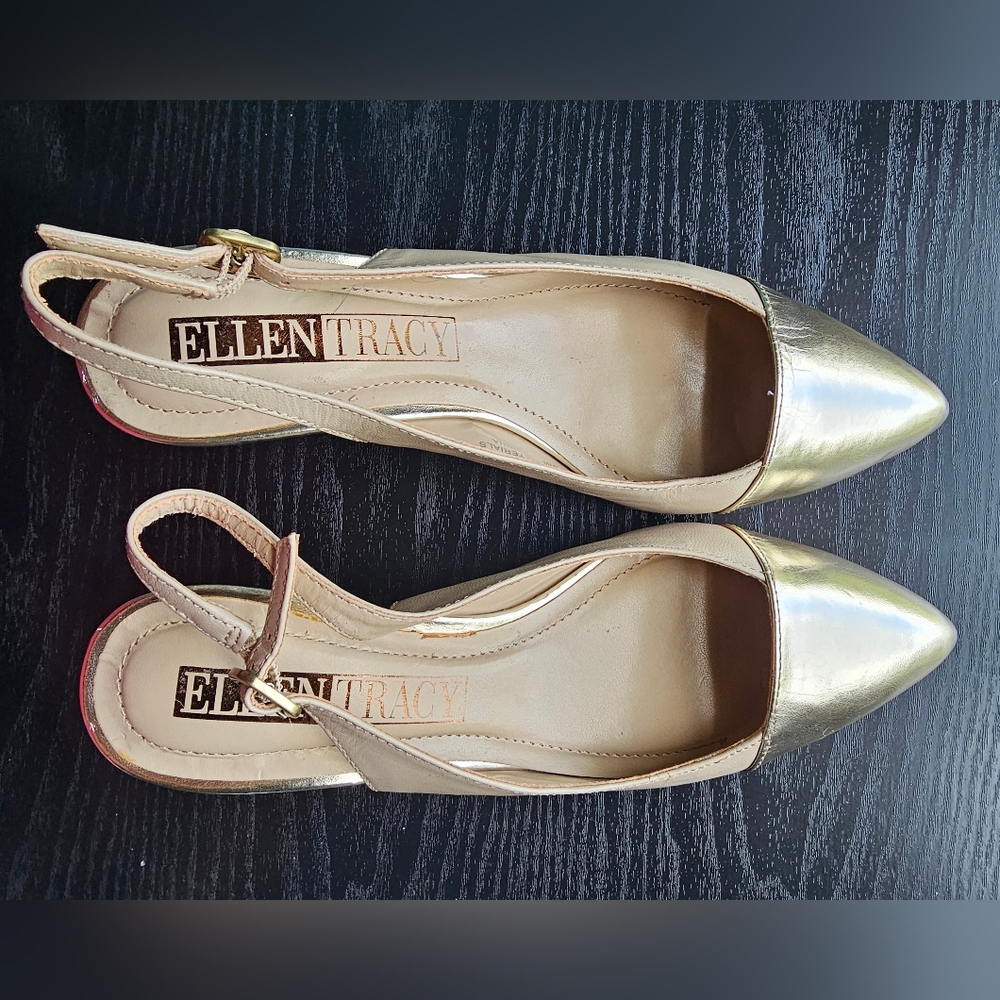 Ellen Tracy Gold and Tan Women's Pointed Toe Slingback Heels Women's Sz 5